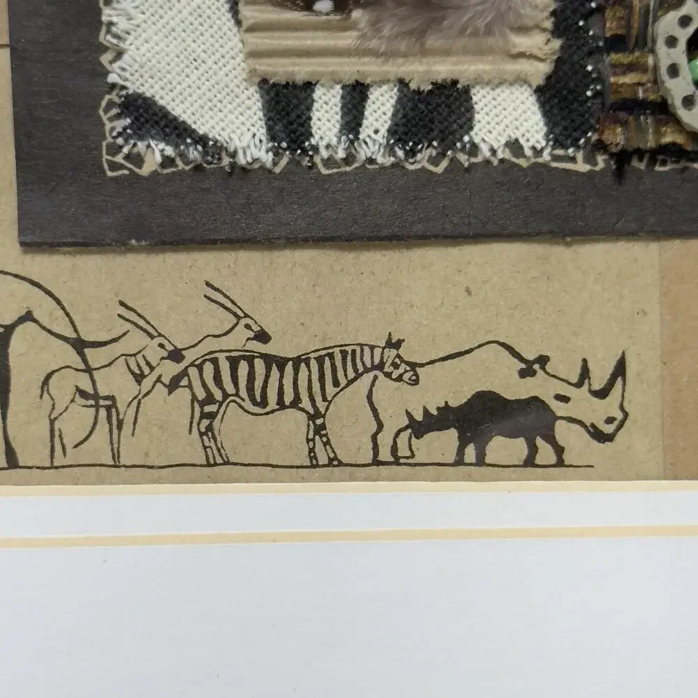 Framed Mixed Media African Safari Wildlife Tribal Wall Art Textile Decor 10x12